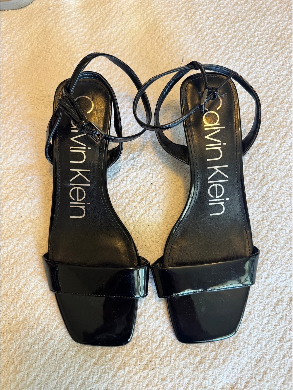 Calvin Klein Black Patent Leather Strappy Kitten Heel Sandals